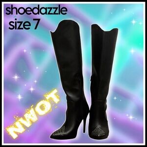 SHOEDAZZLE high heel black leather studded toe knee high BOOTS size 7